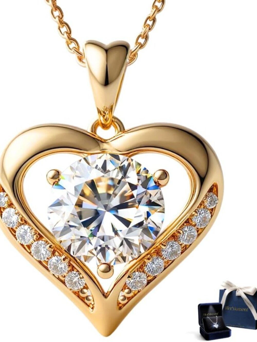 Moissanite Necklace for Women | 2 - 3 Carat Gold Heart Pendant | 4K Gold Plated